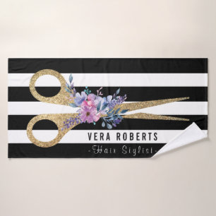 Hair Stylist Glitter Scissor Floral Beauty Salon Bath Towel