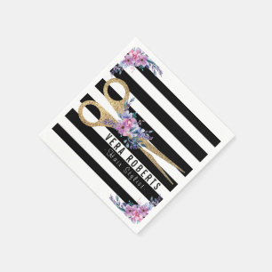 Hair Stylist Glitter Scissor Floral Striped Napkin