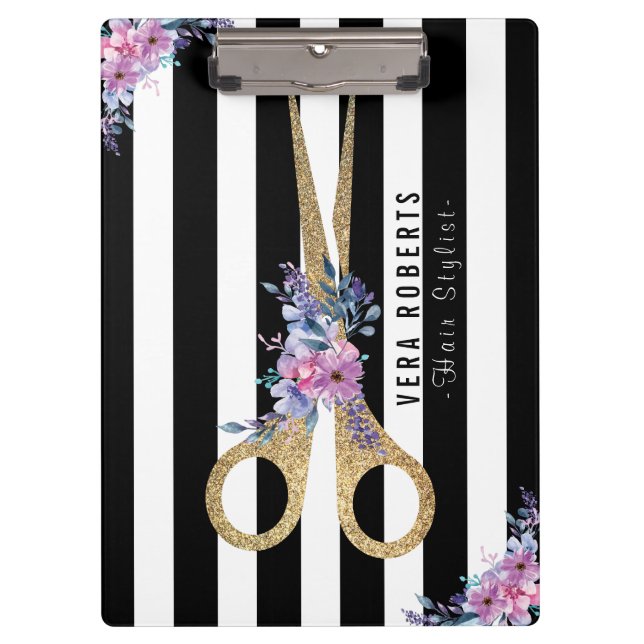Hair Stylist Glitter Scissor Striped floral Clipboard (Front)