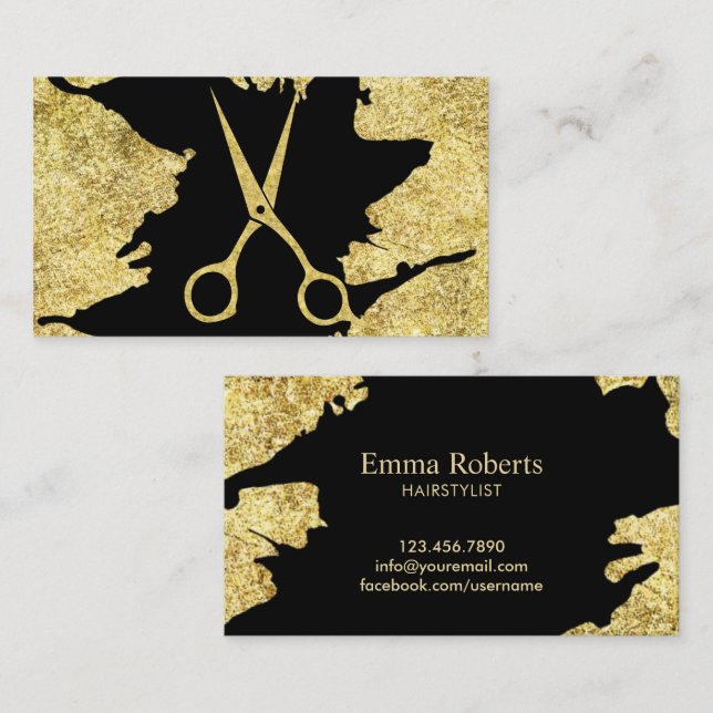 Hair Stylist Glitter Scissor Trendy Black & Gold Business Card (Front/Back)
