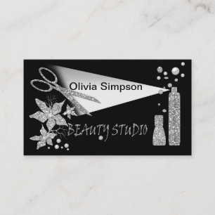 Hair Stylist Glitter Shiny Scissor Flowers Beauty Business Card