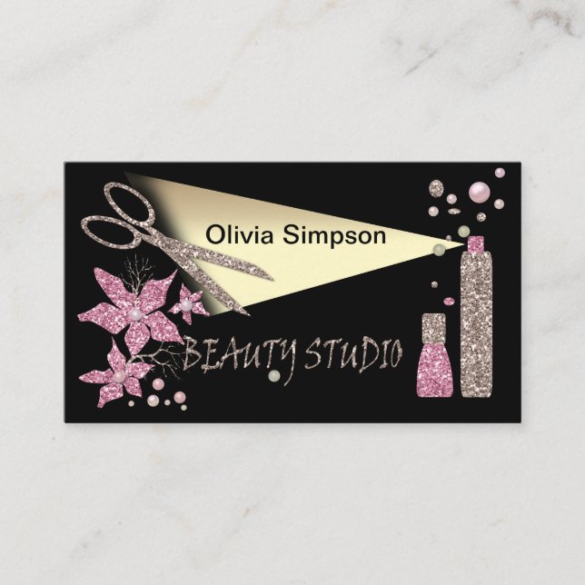 Hair Stylist Glitter Shiny Scissor Flowers Beauty Business Card (Front)