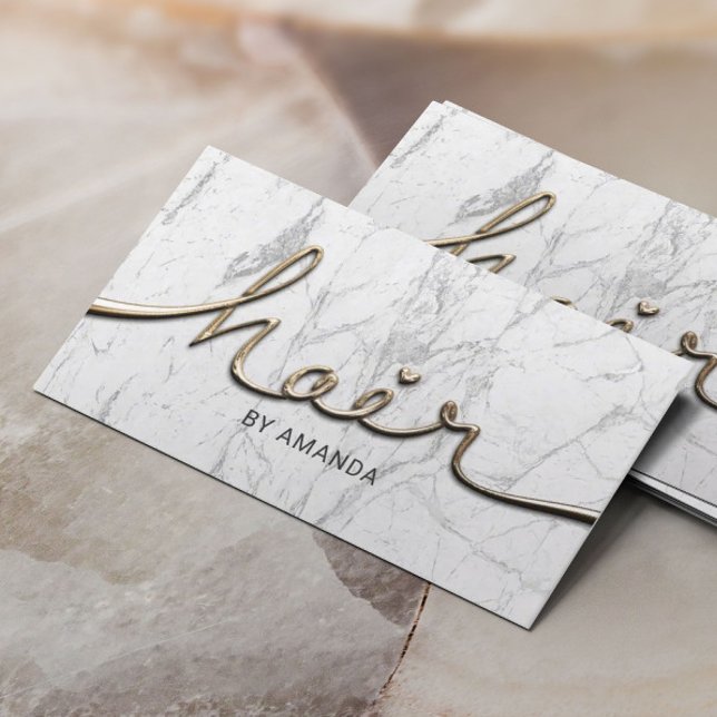 Hair Stylist Gold 3D Script Modern Marble Salon Business Card (Creator Uploaded)