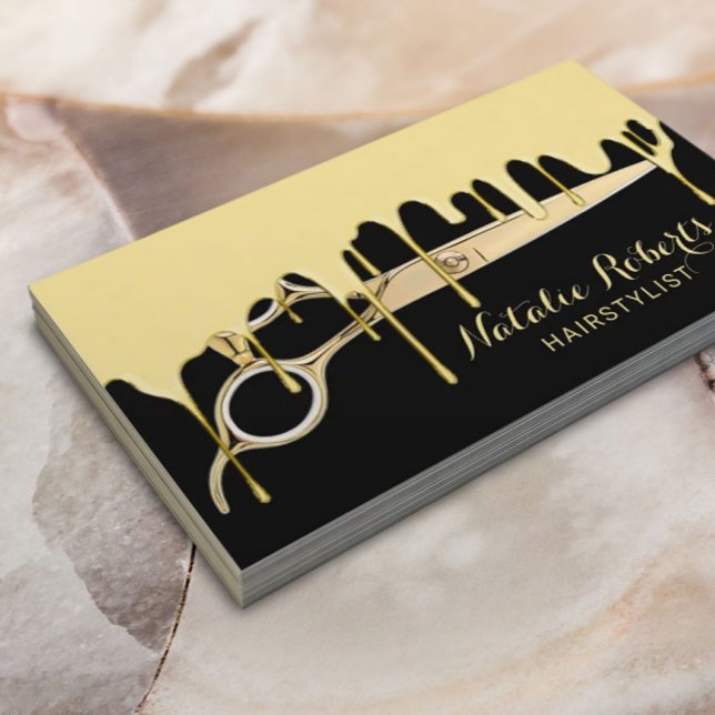 Hair Stylist Gold Dripping Golden Scissor Salon Business Card (Creator Uploaded)