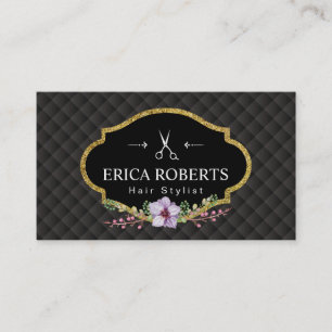 Hair Stylist Gold Floral Label Luxury Dark Quilted Business Card