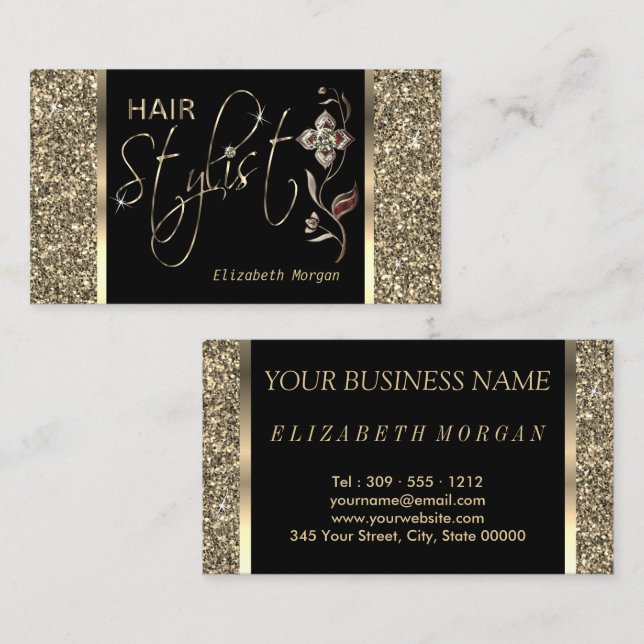Hair Stylist - Gold Glitter and Floral Business Card (Front/Back)