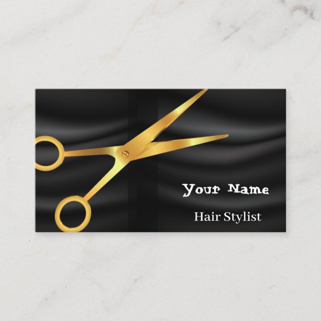 Hair Stylist gold scissor Beauty Salon Black cloth Business Card (Front)