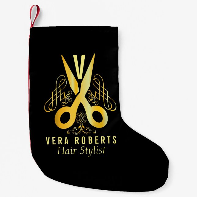Hair Stylist Gold Scissor & Beauty Salon Christmas Small Christmas Stocking (Front)
