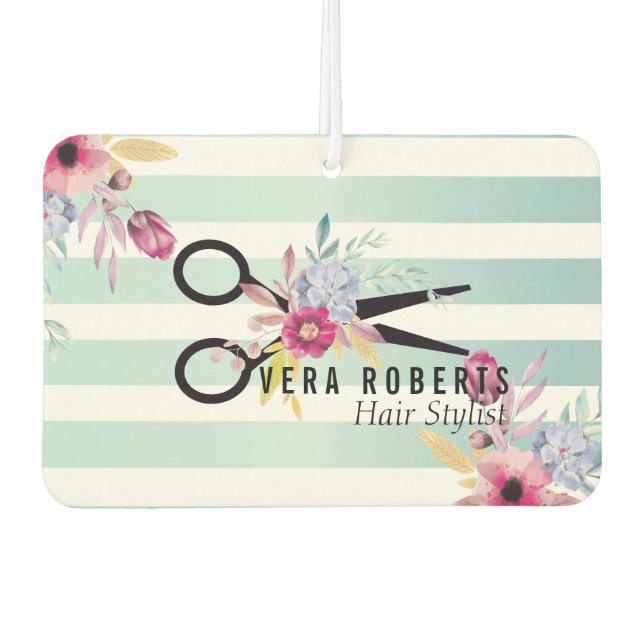 Hair Stylist Gold Scissor & Beauty stripes floral Car Air Freshener (Front)