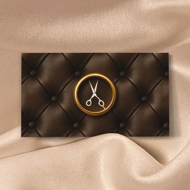 Hair Stylist Gold Scissor Classy Leather Texture Business Card (Creator Uploaded)