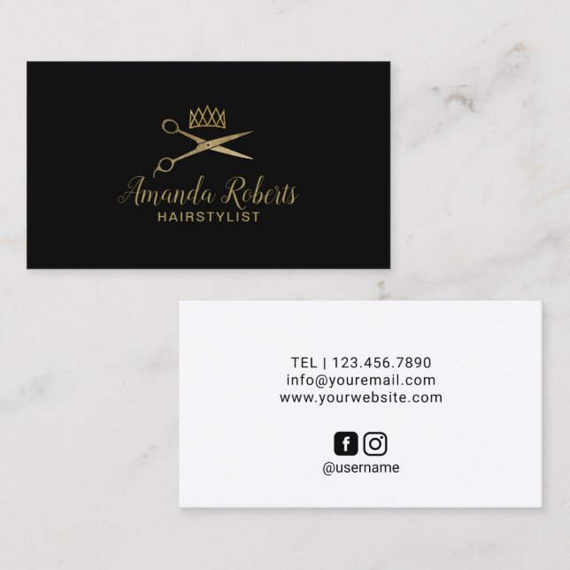 Hair Stylist Gold Scissor & Crown Fashion Business Card (Front/Back)