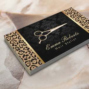 Hair Stylist Gold Scissor Damask Leopard Print Business Card