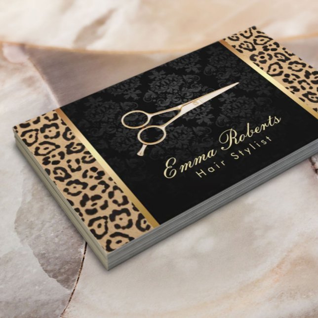 Hair Stylist Gold Scissor Damask Leopard Print Business Card (Creator Uploaded)