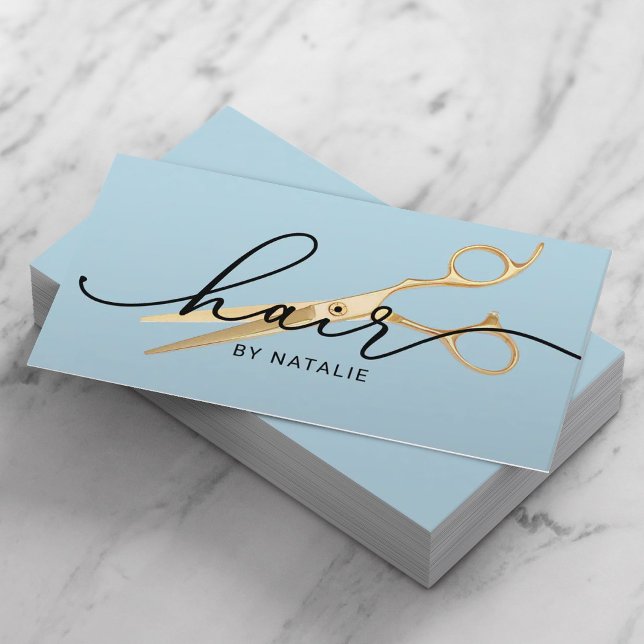 Hair Stylist Gold Scissor Elegant Baby Blue Salon Business Card (Creator Uploaded)