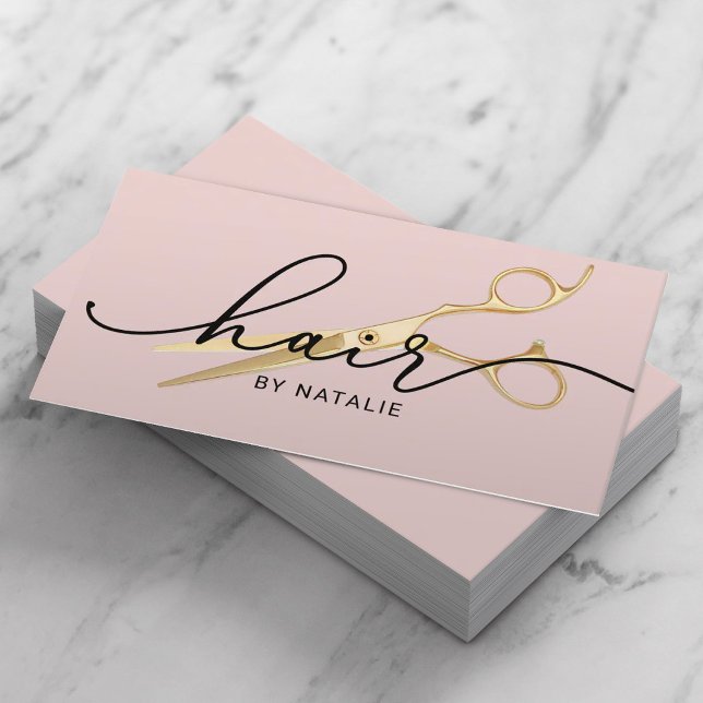 Hair Stylist Gold Scissor Elegant Blush Pink Salon Business Card (Creator Uploaded)