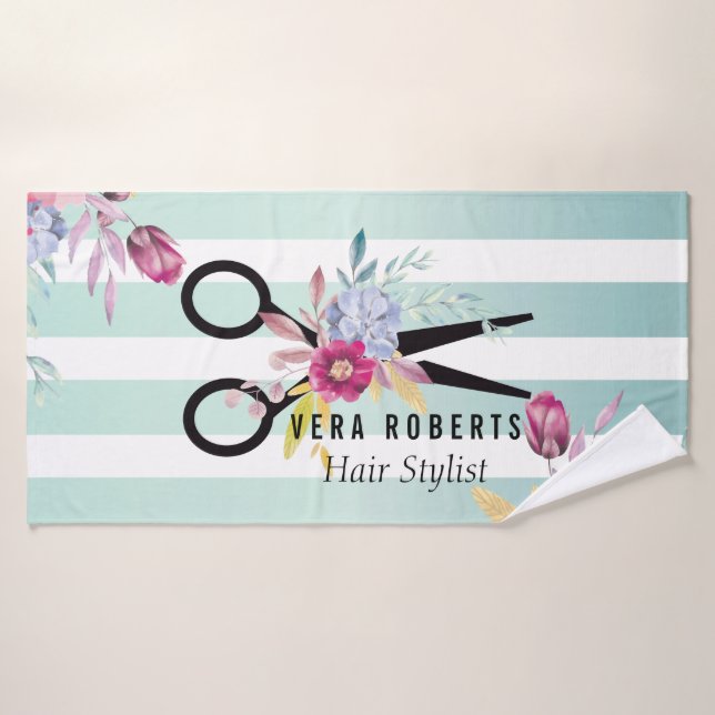 Hair Stylist Gold Scissor Floral & Beauty Salon Bath Towel (Bath Towel)