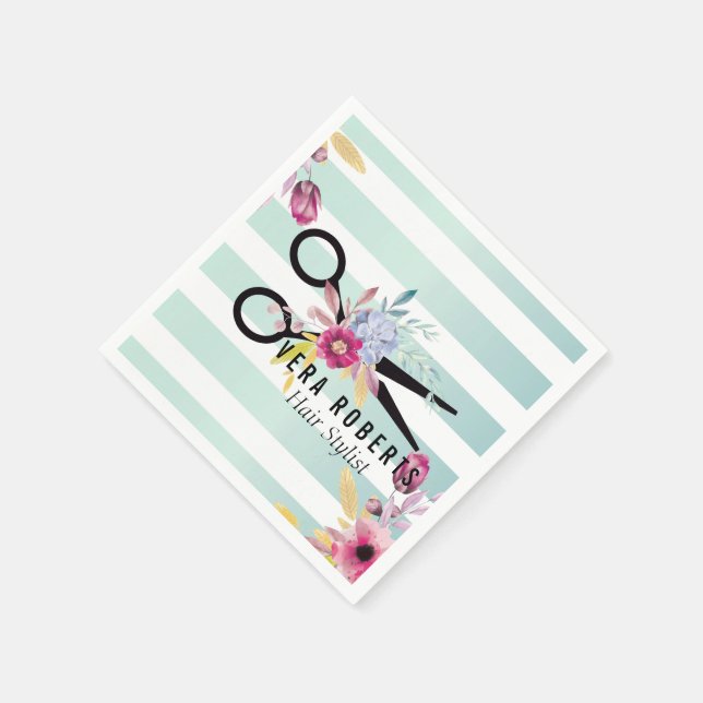 Hair Stylist Gold Scissor Floral Striped Napkin (Corner)
