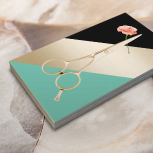 Hair Stylist  Gold Scissor & Flower Modern Stripes Business Card