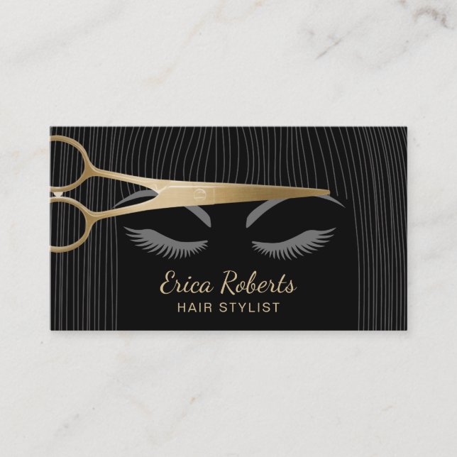 Hair Stylist Gold Scissor & Girl Hair Salon Black Business Card (Front)