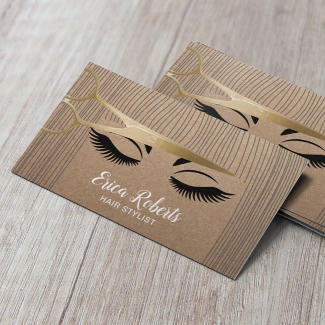 Hair Stylist Gold Scissor & Girl Rustic Kraft Business Card (Creator Uploaded)