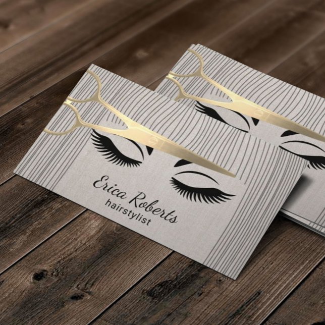 Hair Stylist Gold Scissor & Girl Salon Linen Business Card (Creator Uploaded)
