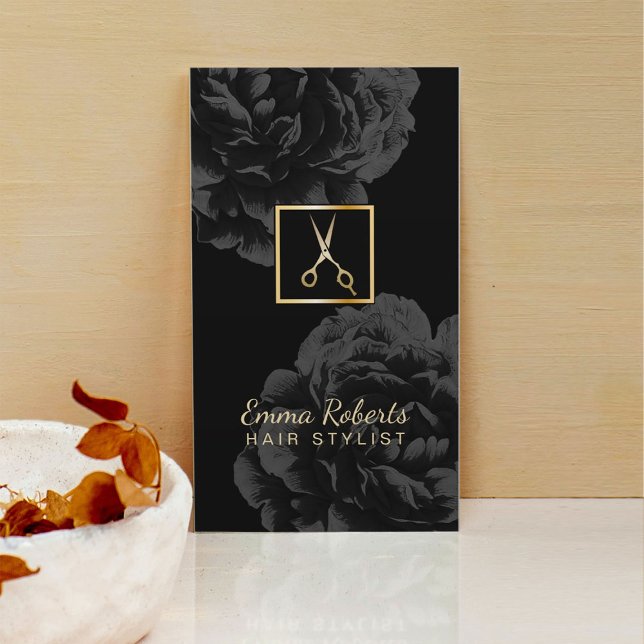 Hair Stylist Gold Scissor Logo Classy Black Floral Business Card (Creator Uploaded)