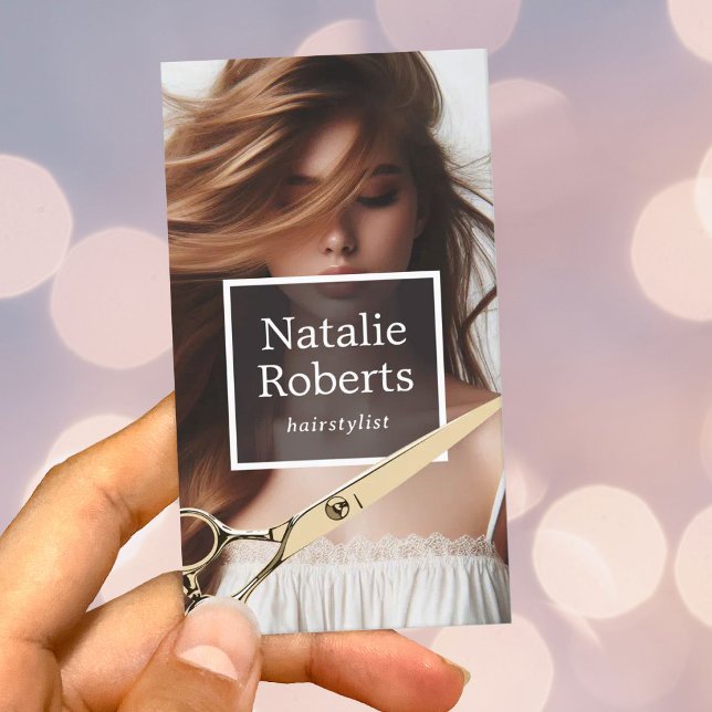 Hair Stylist Gold Scissor & Long Hair Girl Salon Business Card (Creator Uploaded)
