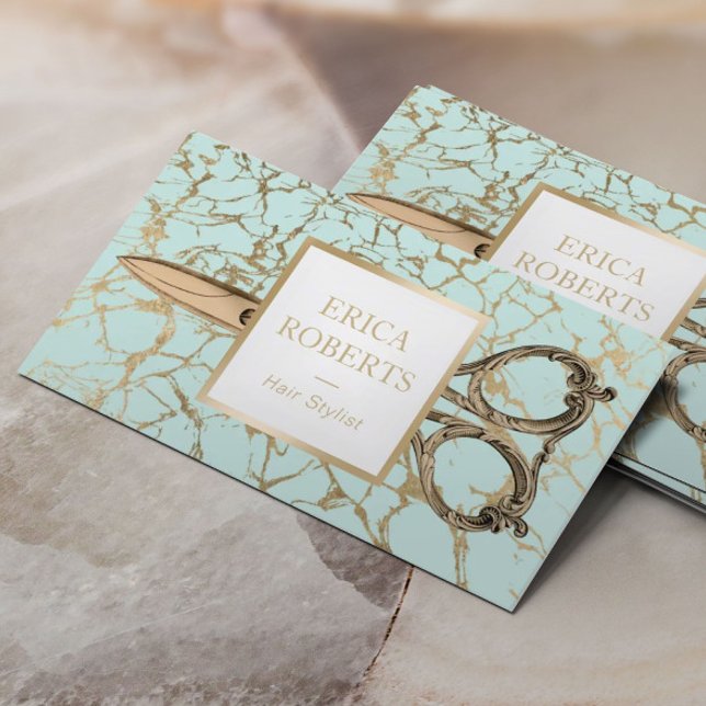 Hair Stylist Gold Scissor Modern Mint Marble Salon Business Card (Creator Uploaded)