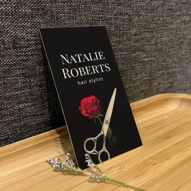 Hair Stylist Gold Scissor & Red Rose Flower Salon Business Card (Creator Uploaded)