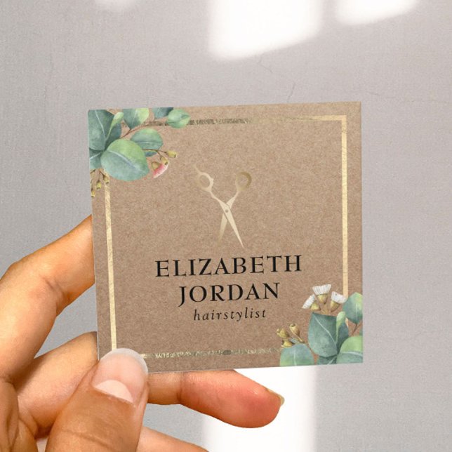 Hair Stylist Gold Scissor Rustic Foliage Kraft Square Business Card (Creator Uploaded)