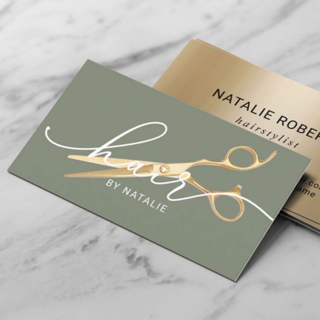 Hair Stylist Gold Scissor Sage Green Beauty Salon Business Card (Creator Uploaded)