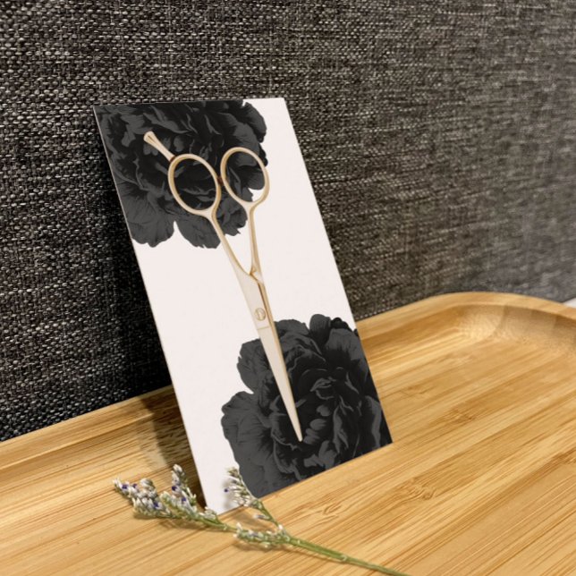 Hair Stylist Gold Scissor Stylist Black Floral Business Card (Creator Uploaded)