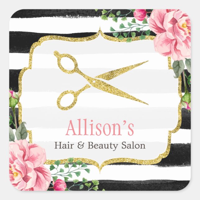 Hair Stylist Gold Scissors Pink Floral Striped Square Sticker (Front)