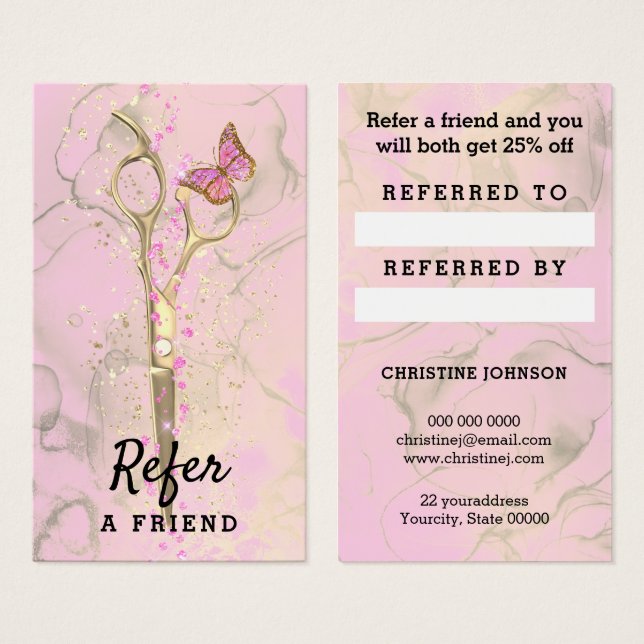 hair stylist gold scissors referral card (Front & Back)