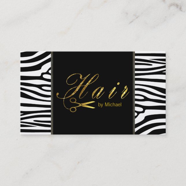Hair Stylist Gold Scissors Script Modern Zebra Business Card (Front)