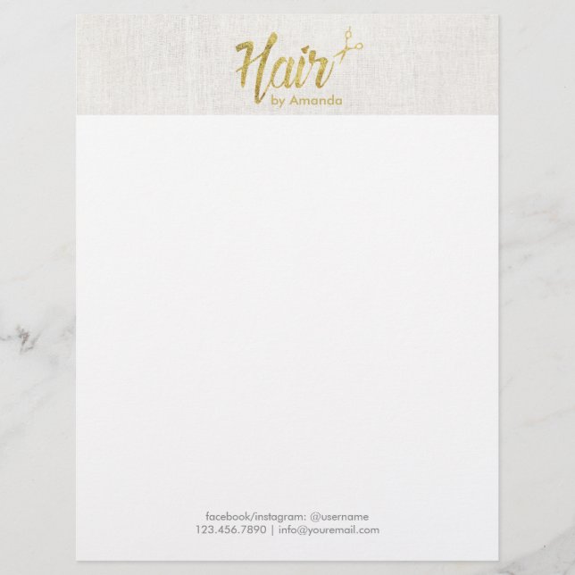 Hair Stylist Gold Script Elegant Linen Letterhead (Front)