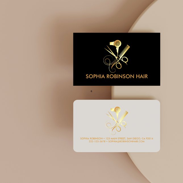 Hair Stylist Gold Script Scissors Comb Dryer Business Card (Creator Uploaded)