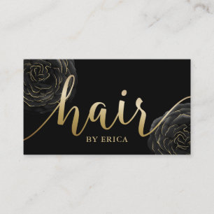 Hair Stylist Gold Typography Black Floral Business Card