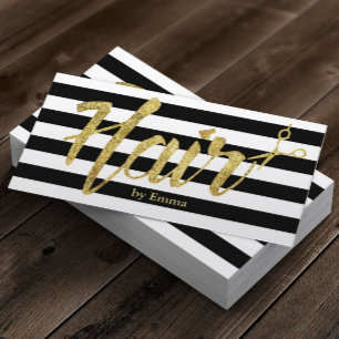 Hair Stylist Gold Typography Black White Stripes Business Card