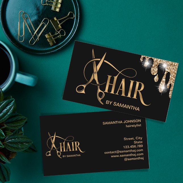 Hair stylist gold typography hair scissors business card (Creator Uploaded)