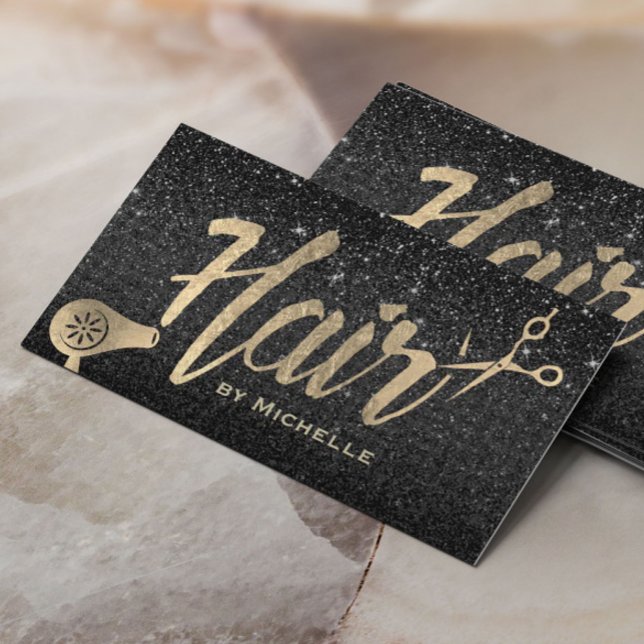 Hair Stylist Gold Typography Modern Black Glitter Business Card (Creator Uploaded)