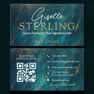 Hair Stylist Green Opal Stone QR Code Business Card