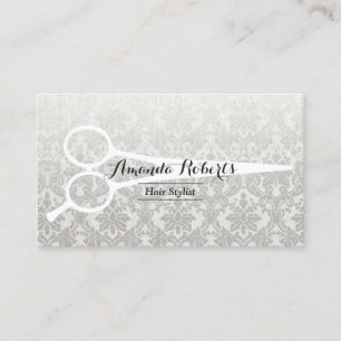Hair Stylist Grey Damask Elegant Linen & Scissor Business Card