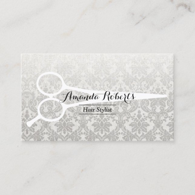 Hair Stylist Grey Damask Elegant Linen & Scissor Business Card (Front)