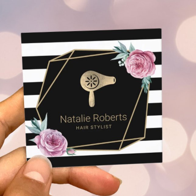 Hair Stylist Hair Dryer Modern Stripes Geometric Square Business Card (Creator Uploaded)