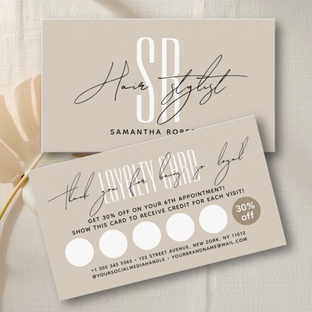 Hair stylist hair salon modern monogram initials  loyalty card (Creator Uploaded)