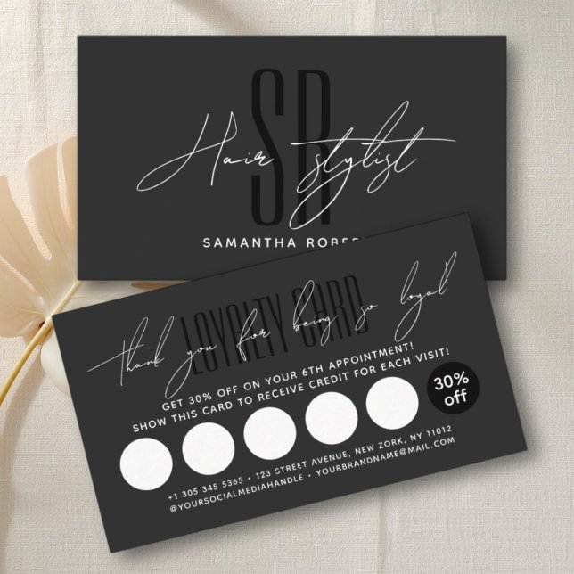 Hair stylist hair salon modern monogram initials  loyalty card (Creator Uploaded)