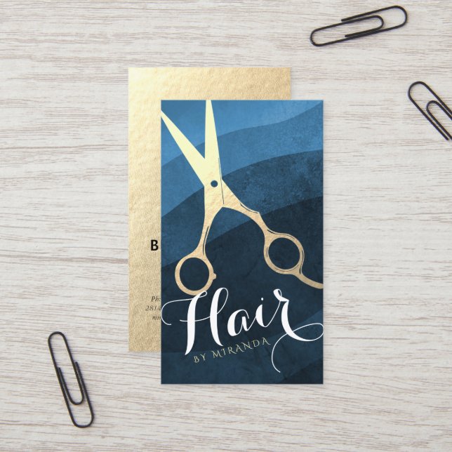 Hair Stylist Hairdresser Beauty Blue Gold Scissors Business Card (Front/Back In Situ)