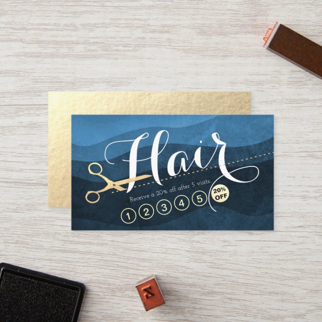 Hair Stylist Hairdresser Blue Gold Scissor Loyalty Card (Front/Back In Situ)