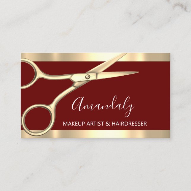 Hair Stylist Hairdresser Golden Scissors Bugundy Business Card (Front)